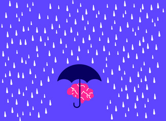 Protect brain with umbrella from rainy season, mental health care concept illustration