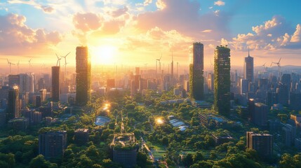 Fototapeta premium A futuristic city with eco-friendly skyscrapers covered in plants, wind turbines, and lush greenery during a vibrant sunset.