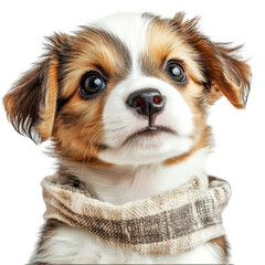 A cute brown and white dog with a scarf around its neck
