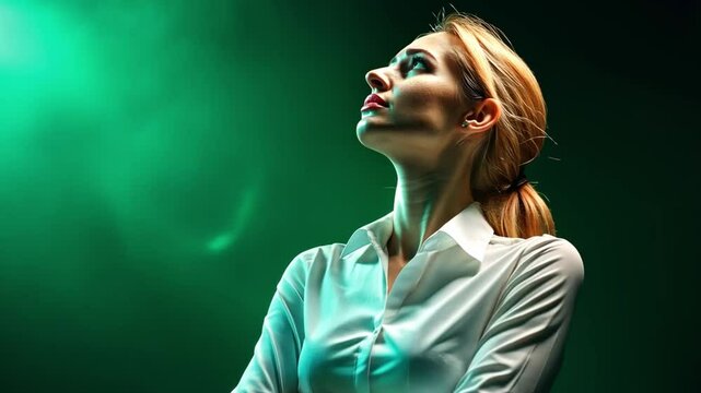 Inspired Gaze: An elegant woman gazes upwards, her profile highlighted against an artistic backdrop, evoking a sense of contemplation and aspiration.