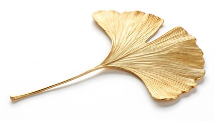 Naklejka premium Elegant Ginkgo Leaf in Champagne Gold, Isolated on a White Background, symbolizing timeless elegance and minimalist luxury, Clean and Artistic Luxury Botanical Stock Photo