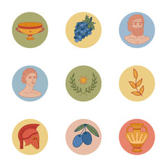 Lovely round cover icon with historical Greece doodle for different social media, blog, branding. Highlight icons for stories with Greek ancient sculpture, pot, spartan helmet, grape in pastel colors.