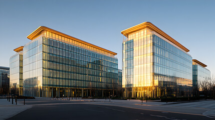 Modern Glass Office Buildings at Sunset