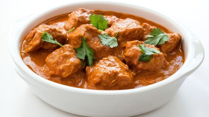 Fototapeta premium A delicious and aromatic bowl of butter chicken curry is presented in a white bowl garnished with fresh cilantro ready to be served as a tasty meal.
