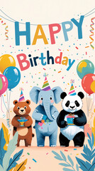 Obraz premium Fun and colorful animals with party hats and balloons in birthday celebration perfect for kids birthday cards joyful designs with lively decorations for childrens parties with Text