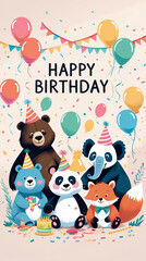 Fototapeta premium Fun and creative animals in a birthday party scene with balloons and party hats perfect for kids birthday cards cheerful birthday decorations for childrens birthday parties with Text