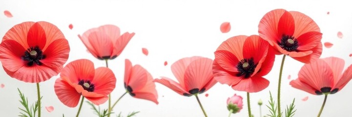 Obraz premium Vibrant red poppies, delicate petals, white backdrop, papaver rhoeas, plant photography, botany