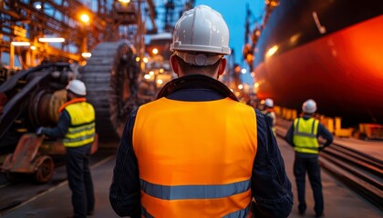 Upper body shot of shipyard workers in hard hats and safety vests servicing vessels surrounded by large ships and heavy machinery back view bustling shipyard operations. Busy dockyard