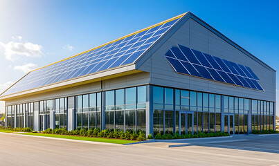 Obraz premium Modern Gray Commercial Building with Rooftop Solar Panels