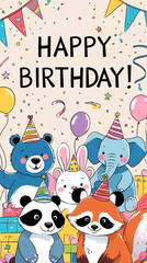 Fototapeta premium Happy birthday animals with balloons and party hats in colorful party setting cheerful illustration for kids birthday card vibrant birthday party animals for children celebrations with Text