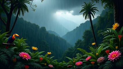 Rainy Days in the Rainforest, Toucans and Vibrant Flowers