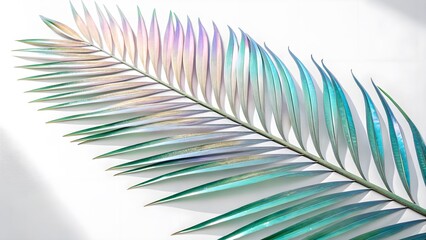Obraz premium Futuristic Holographic Palm Leaf with an Iridescent Shine, Isolated on a White Background, embodying contemporary botanical aesthetics and futuristic design, Modern Nature-Inspired Stock Image