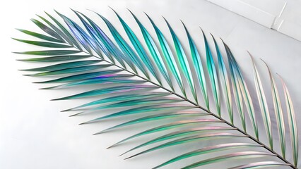 Fototapeta premium Futuristic Holographic Palm Leaf with an Iridescent Shine, Isolated on a White Background, embodying contemporary botanical aesthetics and futuristic design, Modern Nature-Inspired Stock Image