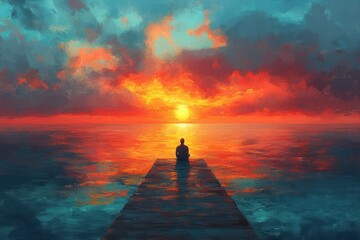 man sitting on wooden pier by ocean at sunset enjoying serene view solo traveler backpacker in Asia