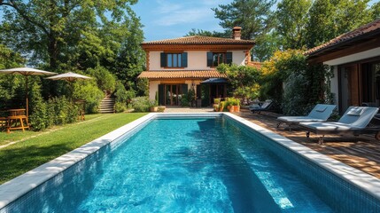 Charming suburban house with pool in lush green garden setting