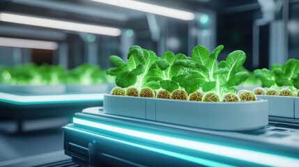 Cyberpunk biotech in high-tech sci-fi nature fusion concept. Hydroponic lettuce thriving in a modern indoor farming setup.