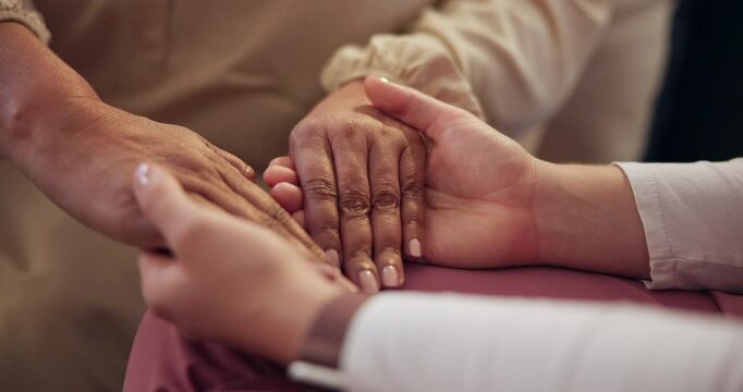 People, holding hands and empathy for healthcare with love, care and trust. Patient, caregiver and nurse with kindness or compassion and medical therapy for help, respect and support or assist