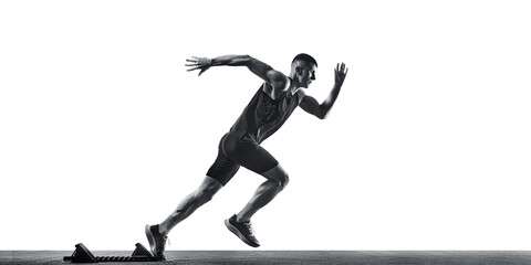 Side view photo of young athletic man, professional sportsman, running in motion against white studio background. Monochrome filter. Concept of sport, healthy lifestyle, championship, action. Ad