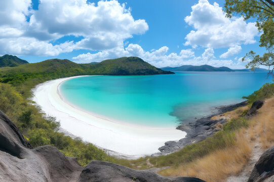 Breathtaking panoramic view of Whitehaven Beach, showcasing its pristine white sand and crystal clear turquoise waters under a vibrant blue sky