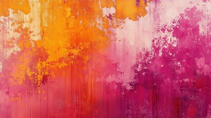 Vibrant abstract canvas with orange and pink paint splashes