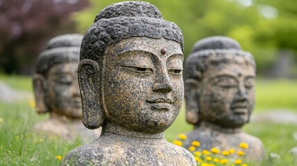Obraz premium Three serene stone Buddha statues, detailed textures, nestled in a vibrant green garden with yellow flowers. Peaceful outdoor scene.