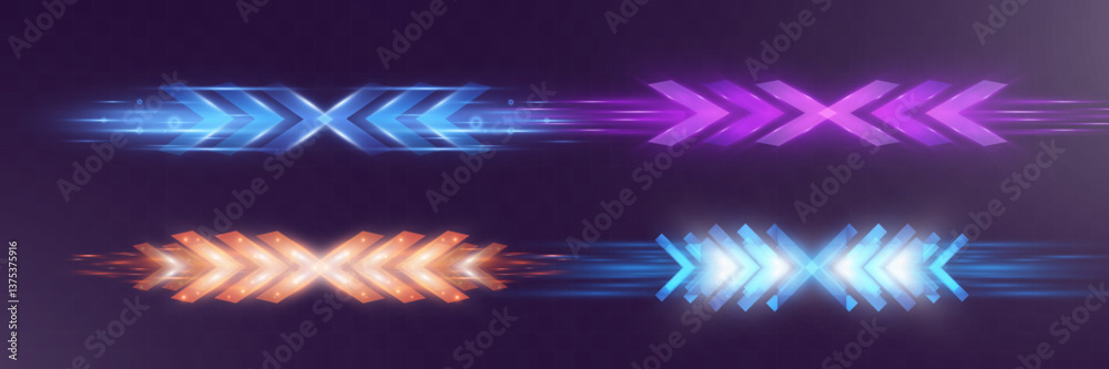 Poster Futuristic glowing neon arrows with motion blur effect in different colors on dark background.
