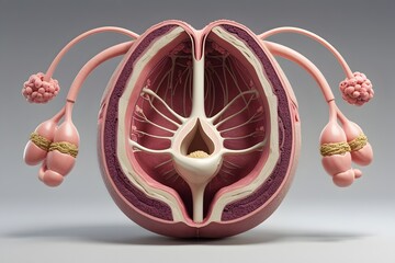 A detailed 3D medical illustration of the female reproductive system, focusing on a frontal cut-section of the uterus