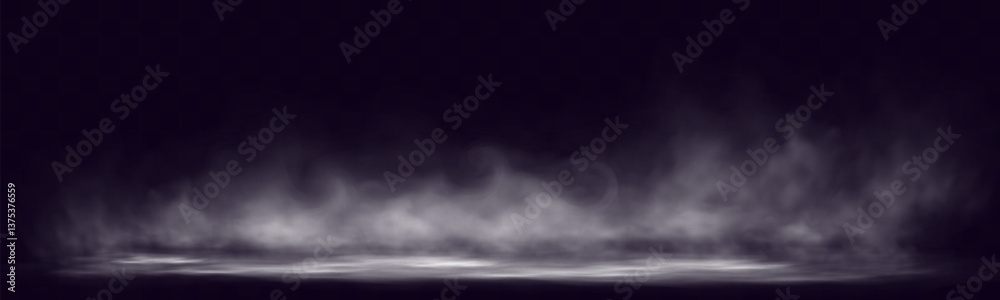 Poster realistic transparent smoke effect with swirling mist and fog on dark background.