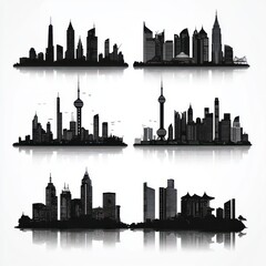 Obraz premium Asian Cities Skyline Black and White Illustrations Minimalist Design