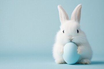 Obraz premium A fluffy white Easter bunny gently cradles a pale blue egg against a serene pastel background.
