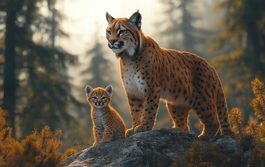 Obraz premium Cougar and Cub in a Serene Forest Watching You Together