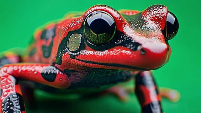   A striking close-up of a vibrant, exotic frog with intense eye, showcasing the intricate detail and captivating beauty of this amphibian against a bold background.