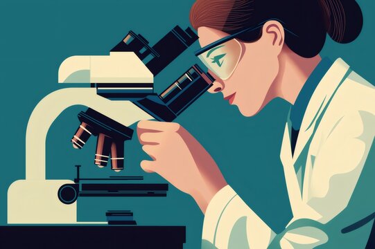 Female scientist focusing intently on a microscope, conducting detailed research and analysis in a well equipped laboratory environment