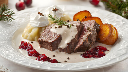 Marinated Beef Sirloin with Cream Sauce, Potato Mash, and Garnish of Herbs and Berries
