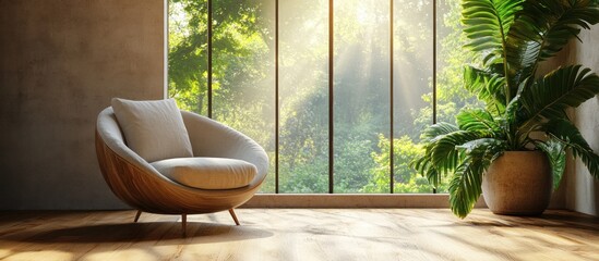 Minimalist Scandinavian Interior with Brown Armchair and Green Plant in Bright Room