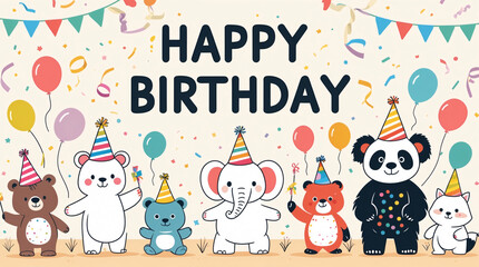 Fototapeta premium Colorful and creative animal birthday celebration with balloons and party hats perfect for kids birthday cards and fun party decorations for childrens birthday parties with Text