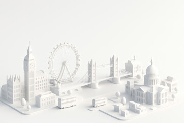 Stylized white diorama of iconic London cityscape