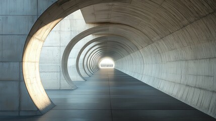 Fototapeta premium Concrete tunnel with curved archway and geometric symmetry in modern architecture