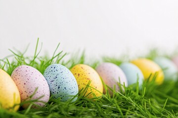 Fototapeta premium Pastel Easter eggs nestled in vibrant green spring grass, a joyful symbol of new beginnings and springtime celebrations with soft, natural light.