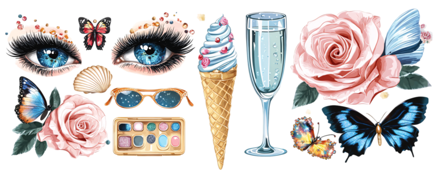 collage of sticker designs featuring ice cream, wine glasses, and flowers