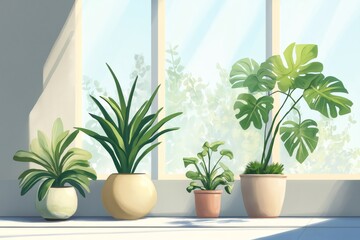 Potted houseplants sitting on a windowsill, enjoying the sunlight filtering through the window