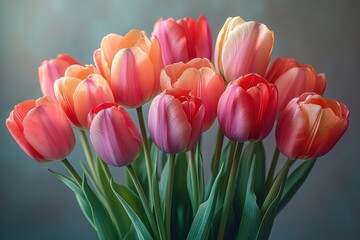 Vibrant pastel tulips bouquet on white background spring flowers natural light arrangement
