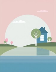 minimalism, simple abstract vector illustration with a house and a river bank