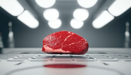 Lab grown steak glossy red meat piece under laboratory lights 3D illustration. Artificial meat creation.