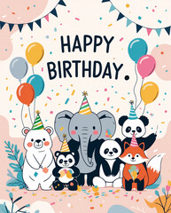 Colorful animals in birthday celebration with balloons and party hats ideal for childrens birthday card designs joyful party decorations and festive birthday party themes for kids with Text