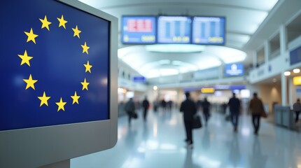 Schengen zone sign with European Union emblem in airport terminal, with blurred figures of travelers in the background.