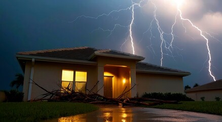 House in a tropical setting with lightning strikes dark storm clouds fallen branches and puddles on the driveway dramatic storm aftermath. Stormy weather home drenched.
