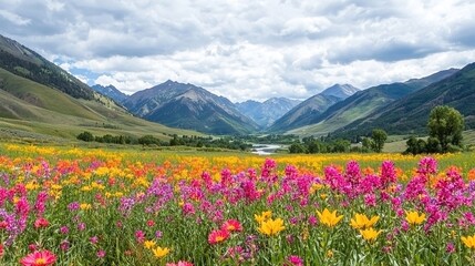Breathtaking meadow wildflowers rocky mountains nature photography scenic vista panoramic view vibrant landscapes