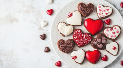 Fototapeta premium Heart shaped chocolates and decorated cookies on a white plate