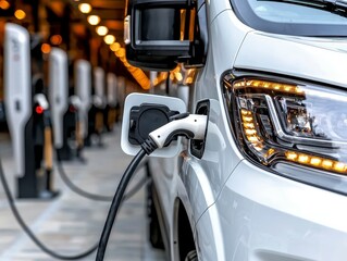 Fleet of white electric vans charging at a station focus on sustainable logistics and clean energy modern transportation solution. Clean vehicles power future transport.